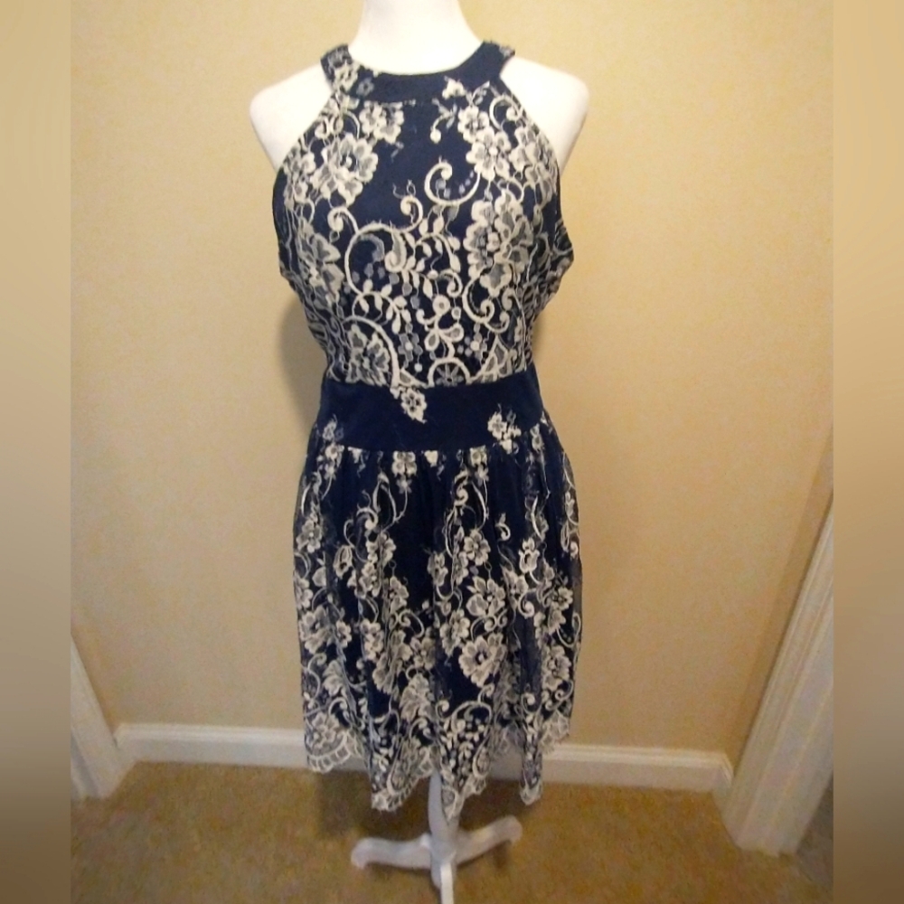 Altar'd State Blue and White Lace Halter Fit and Flare Midi Dress
